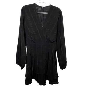 Long Sleeve Faux Wrap Romper Dress V-Neck Tie Back Checked Plaid Black Size XXL
